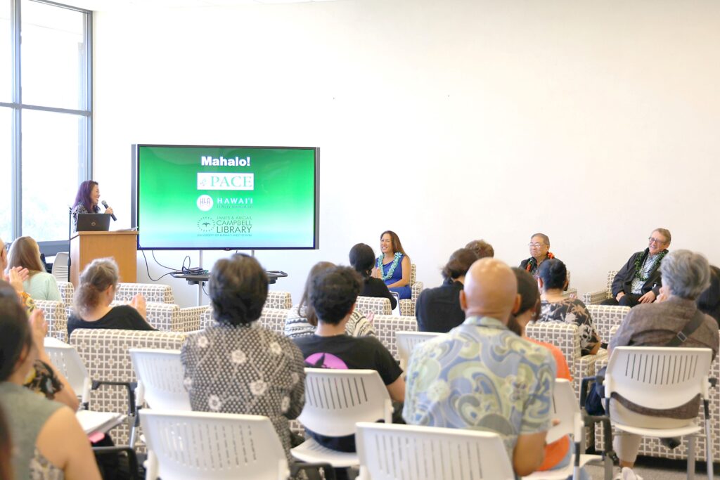 A panel speaks at an event entitled, "Laws Make a Difference, and So Can You" which was held at the University of Hawaiʻi West Oʻahu on March 27, organized by the PACE Commission and the Hawaiʻi Library Association.