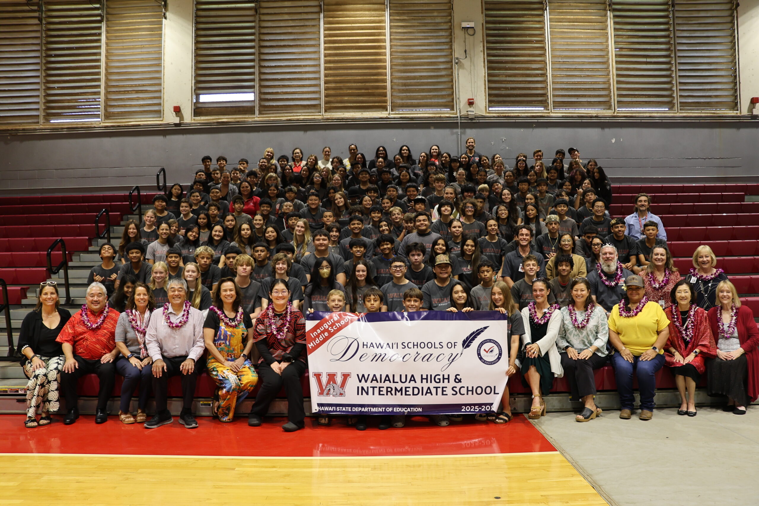 Students and staff at ʻEwa Makai Middle and Waialua High & Intermediate School assembly